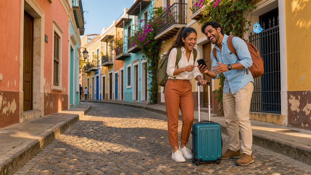 Two friends with backpacks laugh on a colorful street in Cartagena.