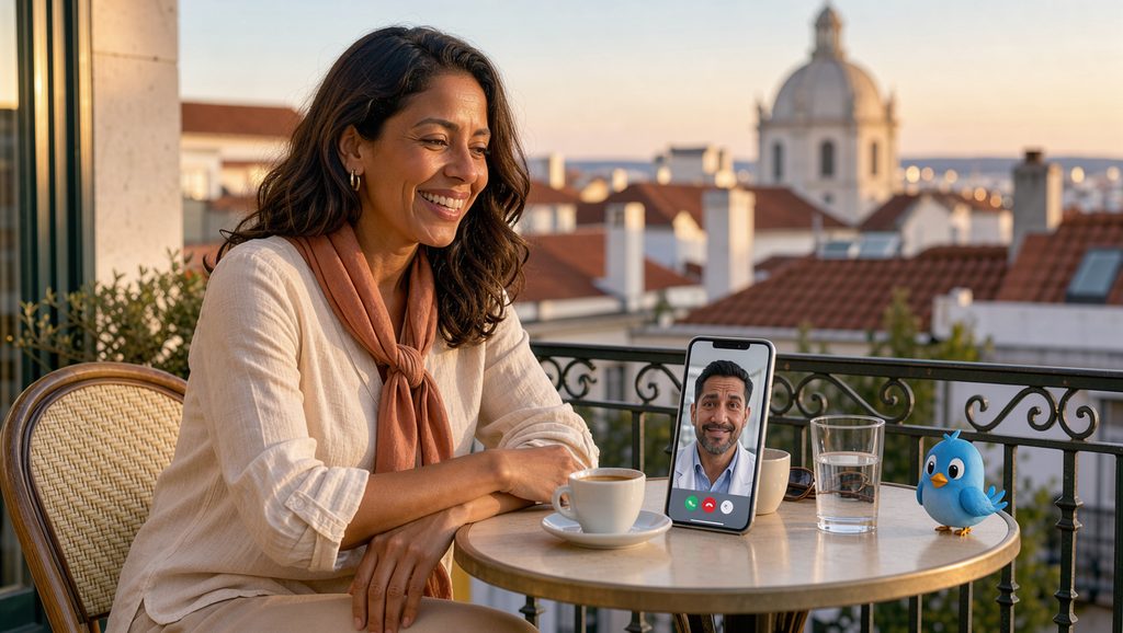 A traveler smiles on a cafe terrace during a video call with a doctor.