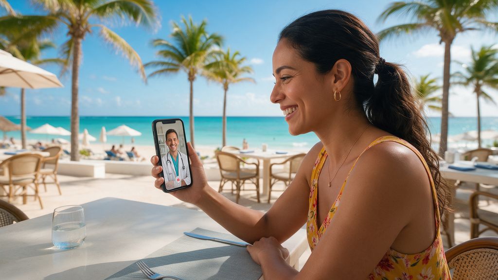 A traveler smiles on a sunny Caribbean beach terrace during a video call with a doctor.