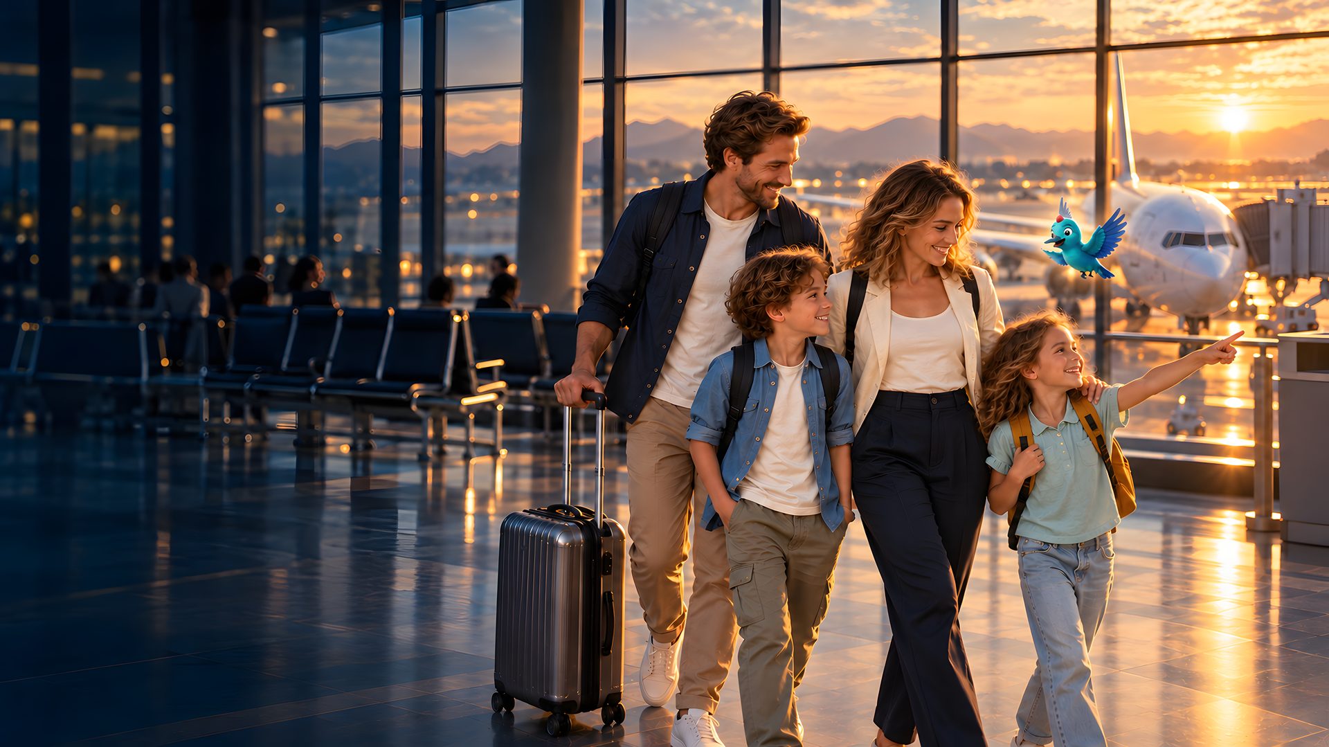 A family with suitcases smiles at a sunlit airport window as a small blue bird watches.