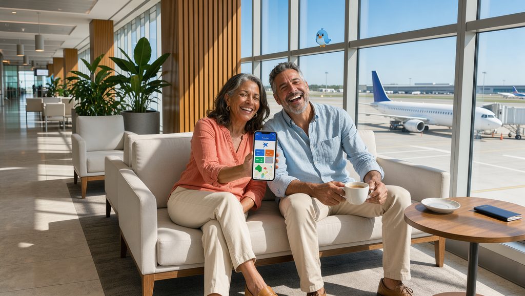 A happy couple relaxes in a bright airport lounge, showing the Pulsar app on a phone.