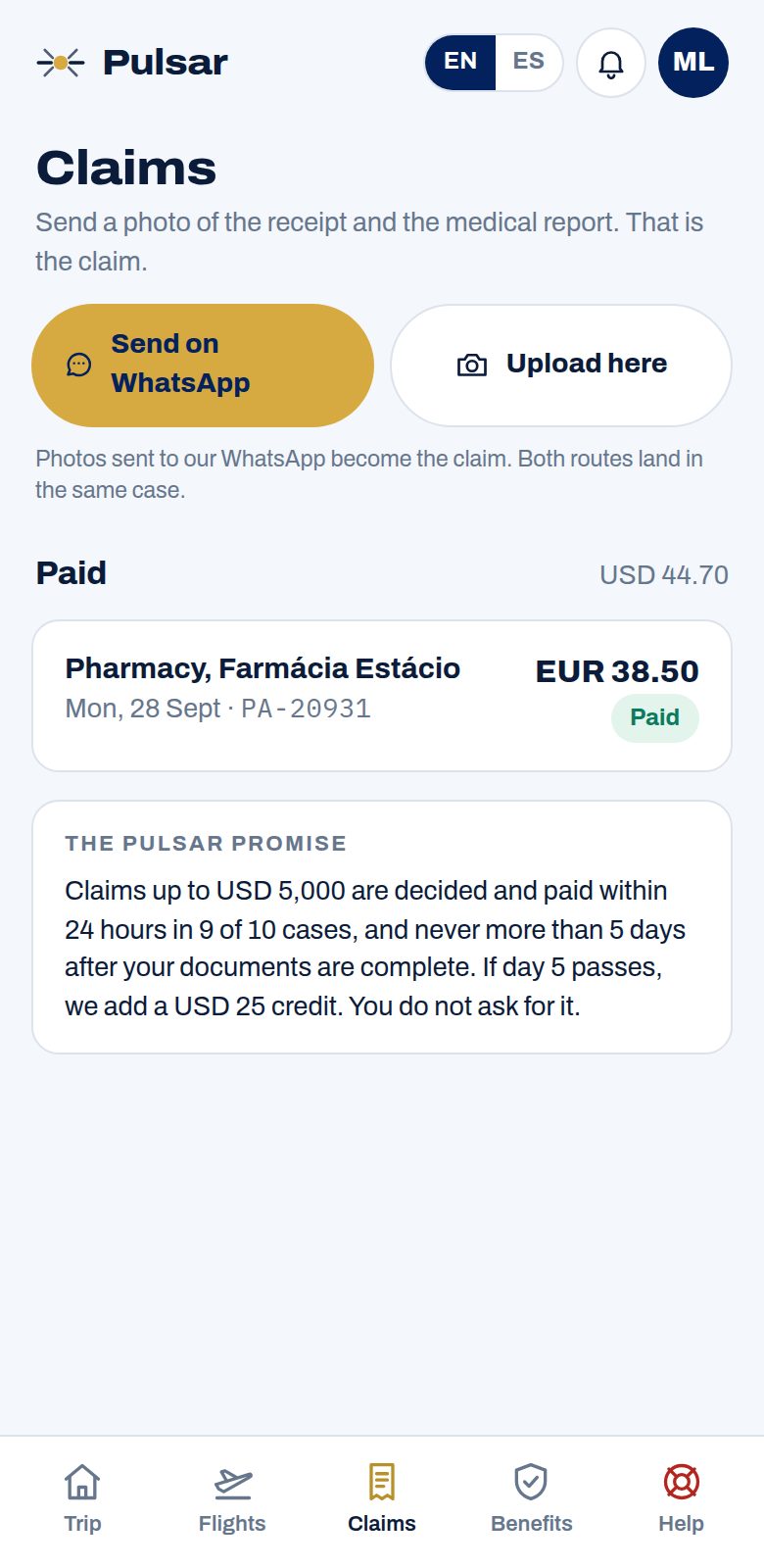 Pulsar app, claims screen: a pharmacy claim in Lisbon for EUR 38.50, paid