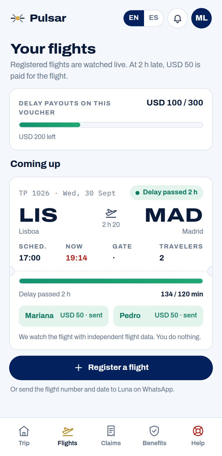 Pulsar app, flights screen: a registered flight from Lisbon to Madrid running late, sample data