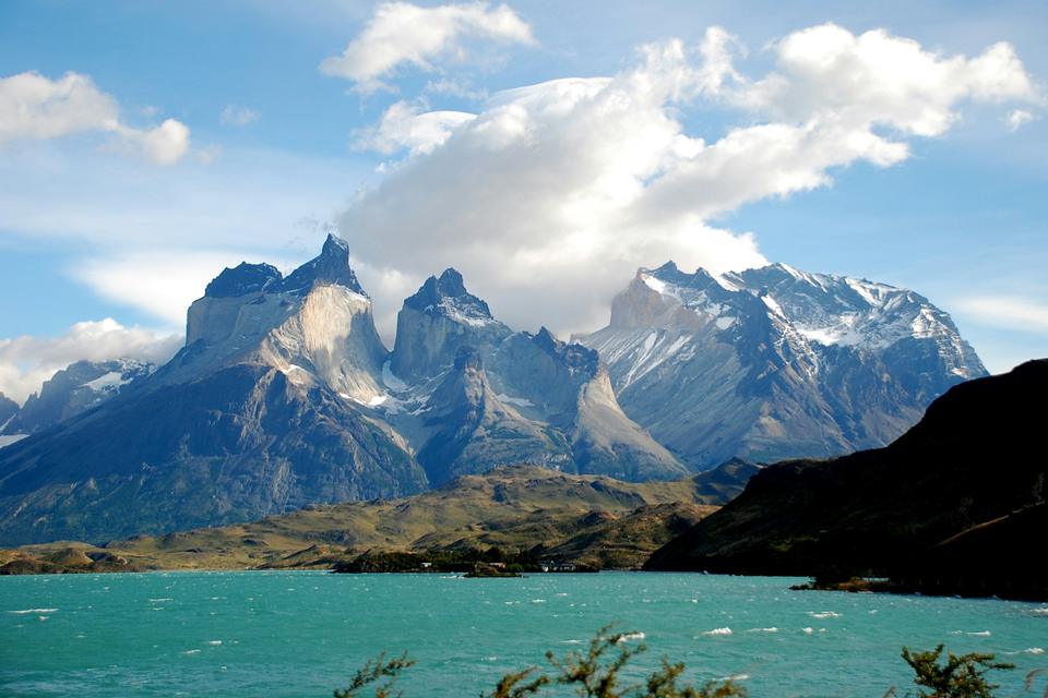 The Cuernos del Paine above a lake in Patagonia.