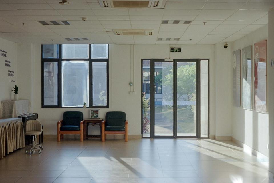 A sunlit clinic waiting room.